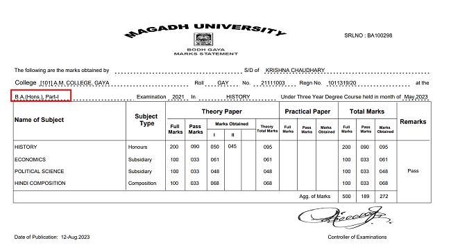 Magadh University Part 1 result 2020-23