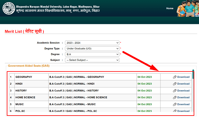 BNMU UG 2nd Merit List 2023