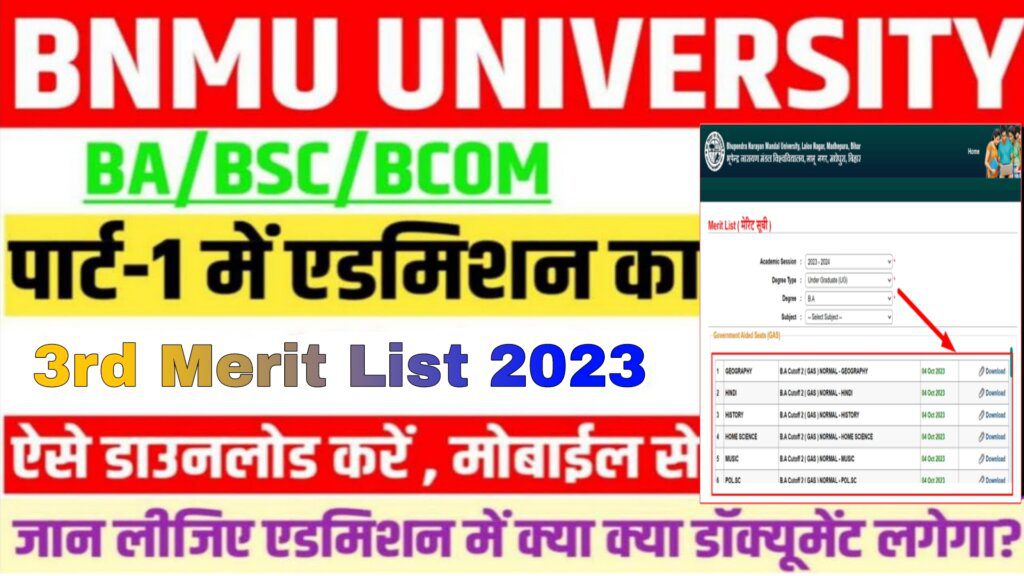 BNMU UG Third merit list 2023