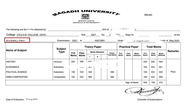 Magadh University Part 1 Result 2021-24