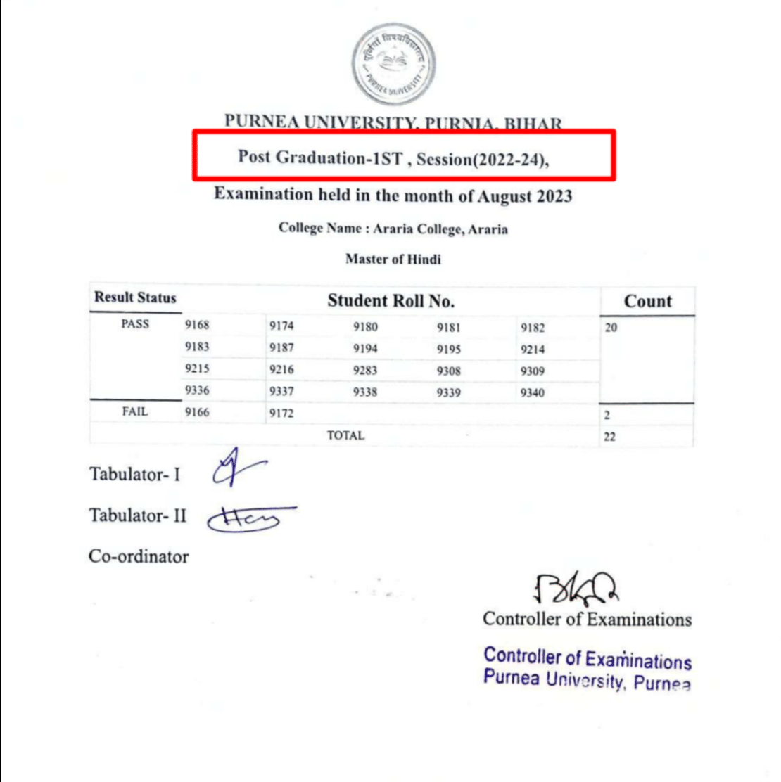 Purnea University PG 1st Semester Result 2022-24