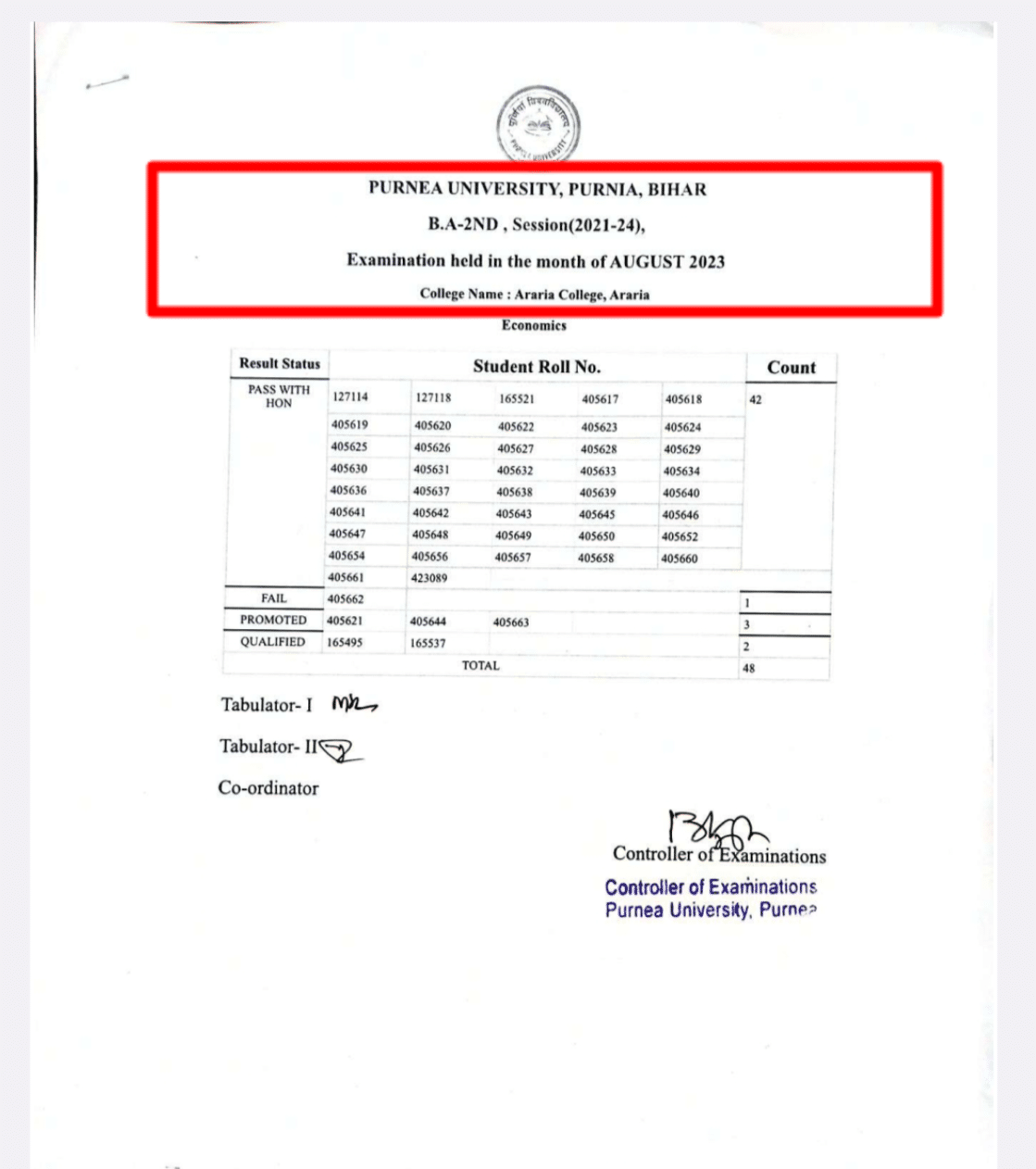 Purnea University Part 2 Arts result 2021-24