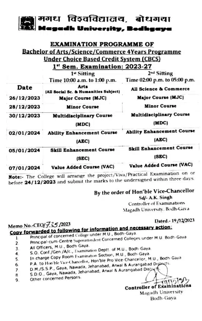 Magadh University Part 1 Exam New Date 2023-27