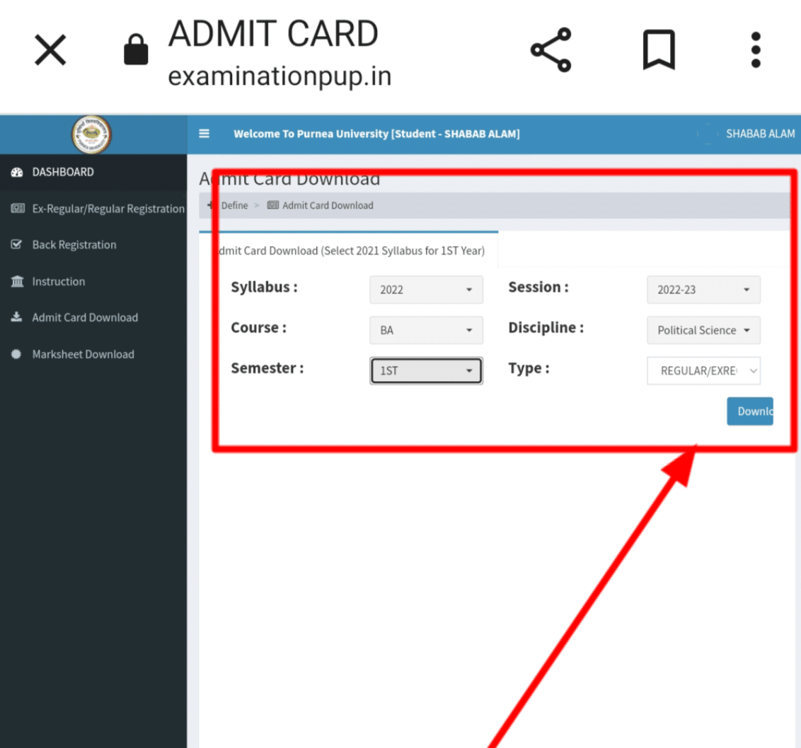 Purnea University Part 1 Admit Card 2023-27