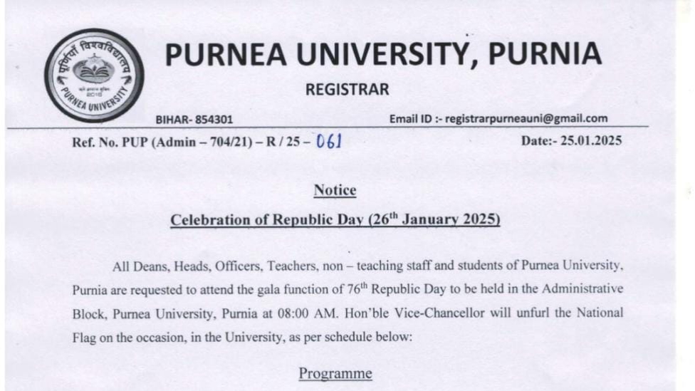 Purnea University Celebration of Republic Day  Notice