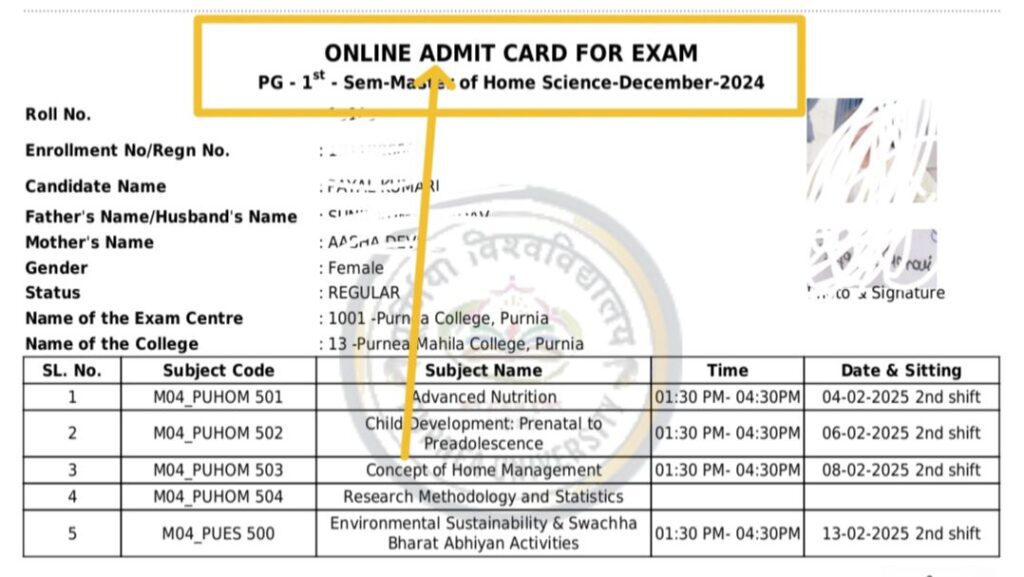 Purnea University PG Semester 1 Admit Card Download 2025