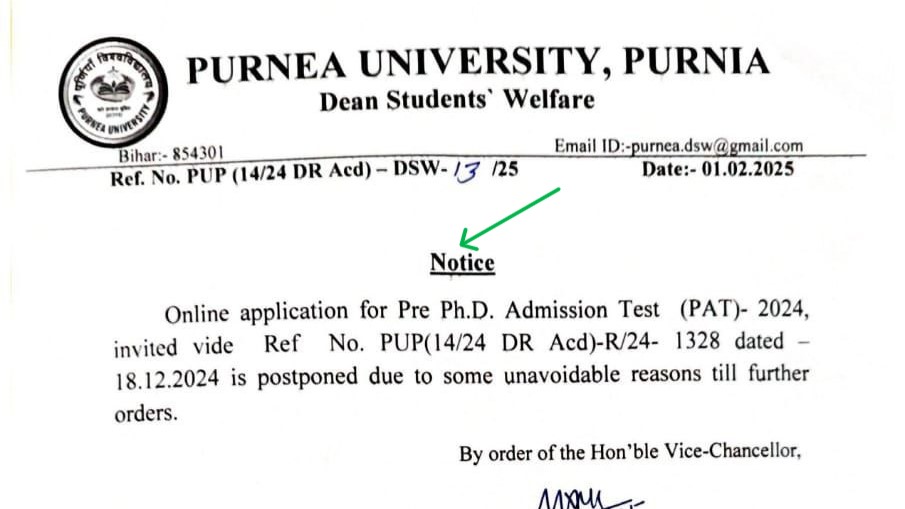 Purnea University PHD (PAT) Admission Cancelled