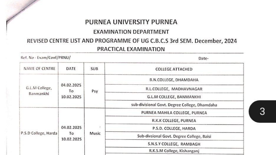 Purnea University UG 3rd Sem Practical Exam Programme 2025