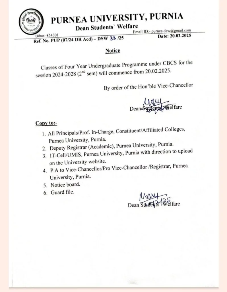 Purnea University UG 2nd Semester Attendance Notice Released (2024-28)