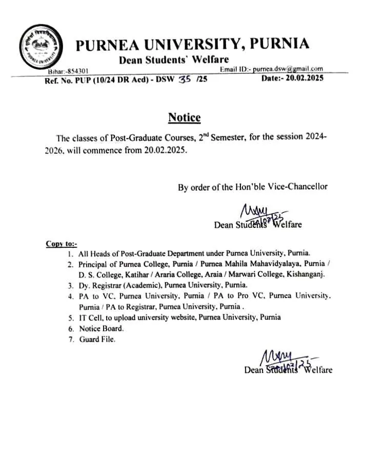 Purnea University PG 2nd Semester Attendance Notice