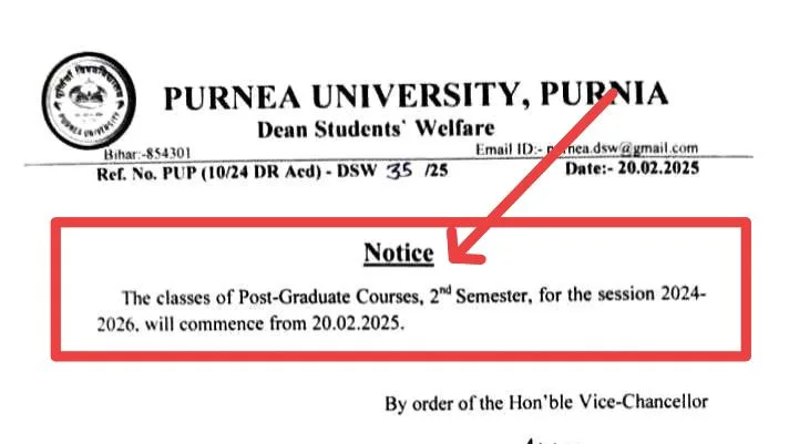 Purnea University PG 2nd Semester Attendance Notice-