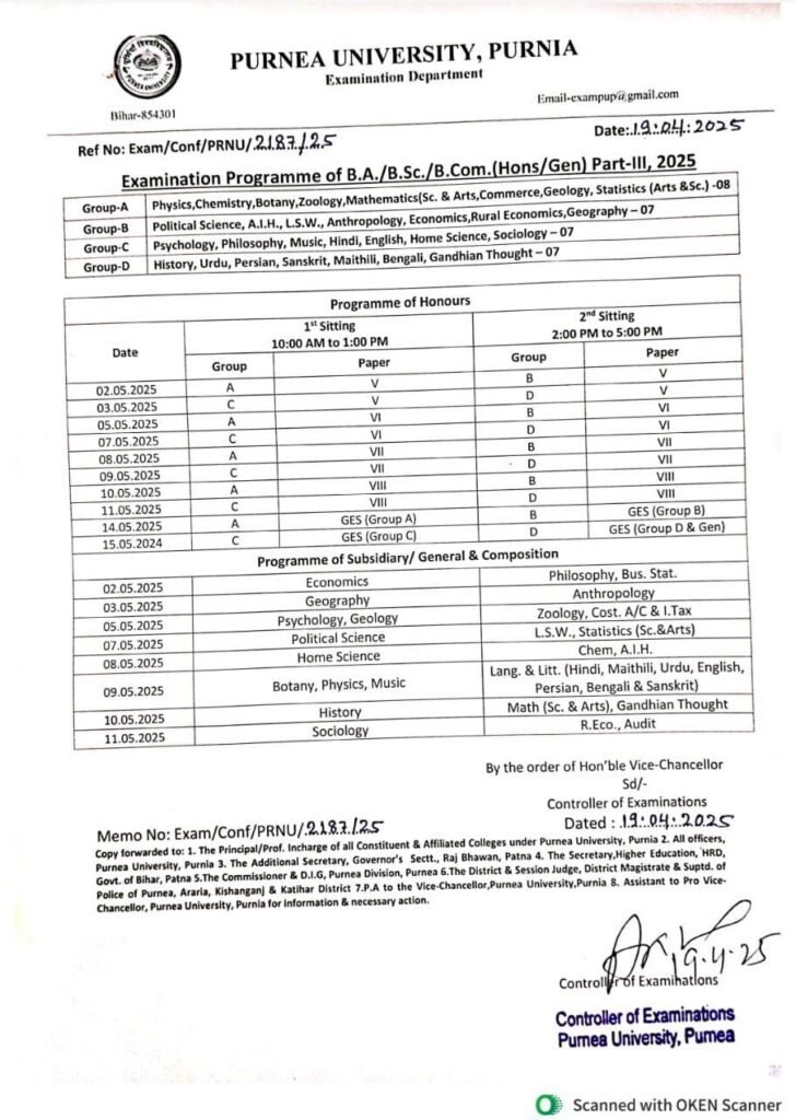 purnea university part 3 exam programme 2025