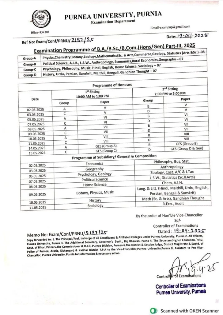purnea university part 3 exam programme 2025