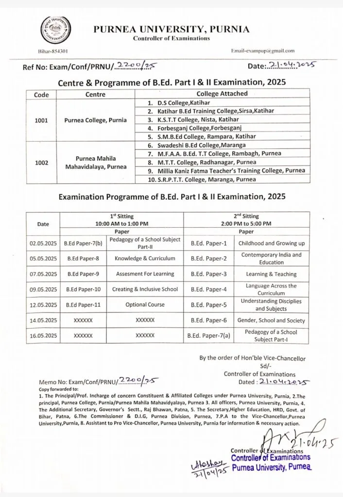Purnea University B.Ed Part-1 & Part-2 Exam Date 2025 : इस दिन से परीक्षा शुरू।