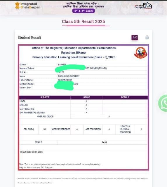 Rajisthan Board 5th Result 2025
