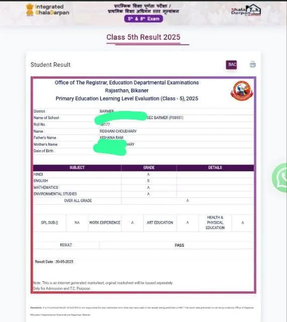 Rajisthan Board 5th Result 2025