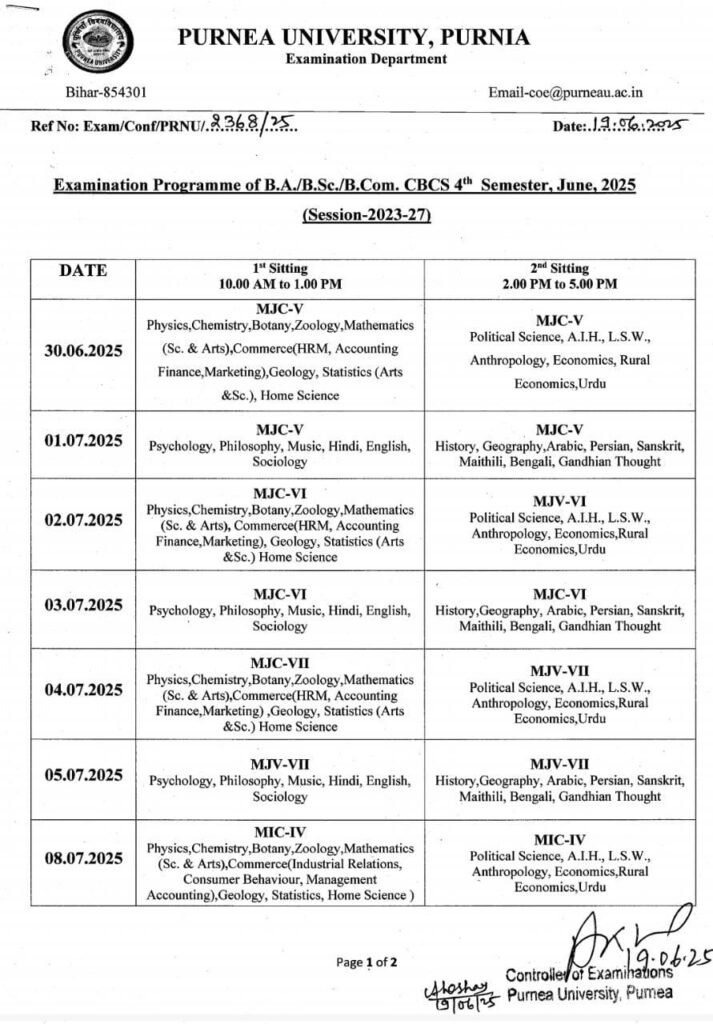 Purnea University UG 4th Semester Exam Programme 2025