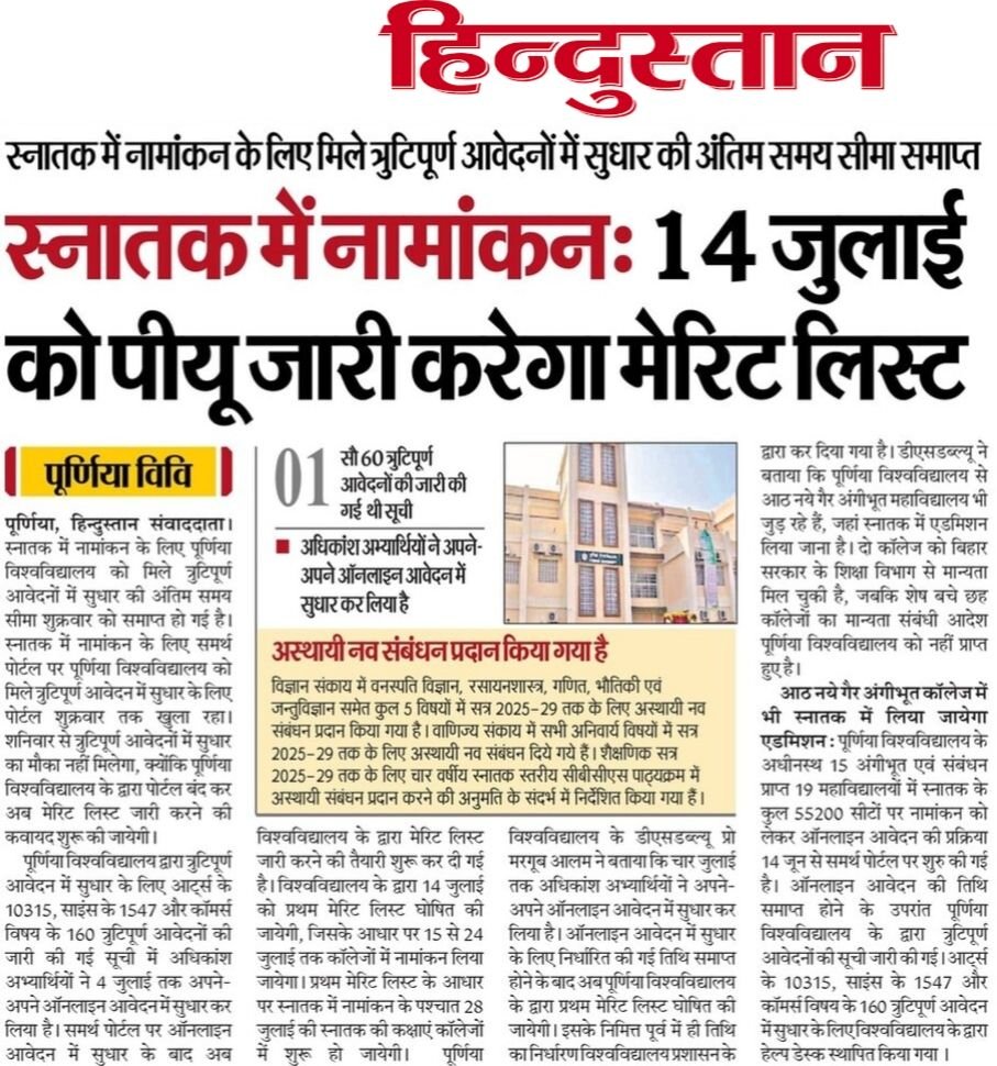 Purnea University UG 1st Merit List 2025 Kab Aaega Paper Cutting