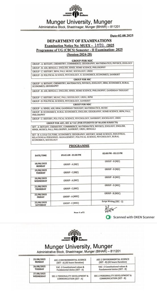 Munger University UG 2nd Semester Exam Date 2025
