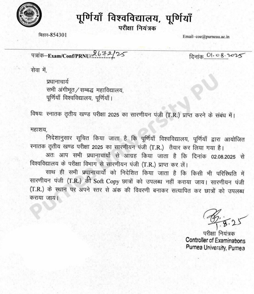 Purnea University Part 3 T.R/Marksheet 2025