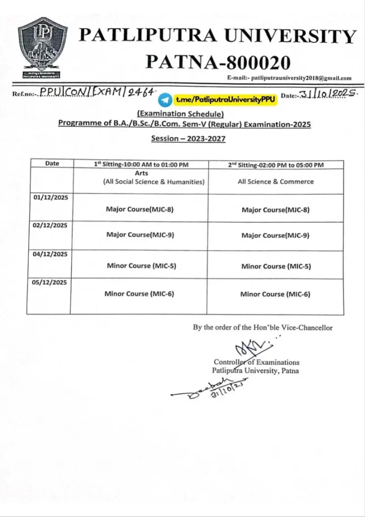 Patliputra University UG 5th Semester Examination Programme 2025