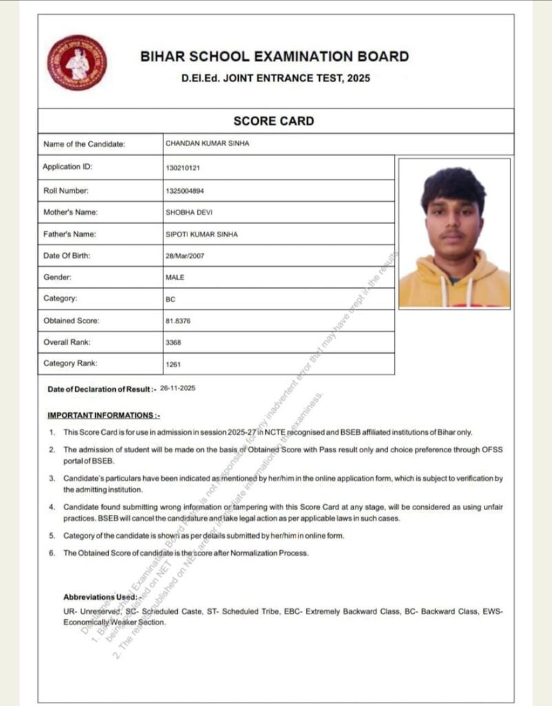 Bihar Deled Entrance Exam Result 2025