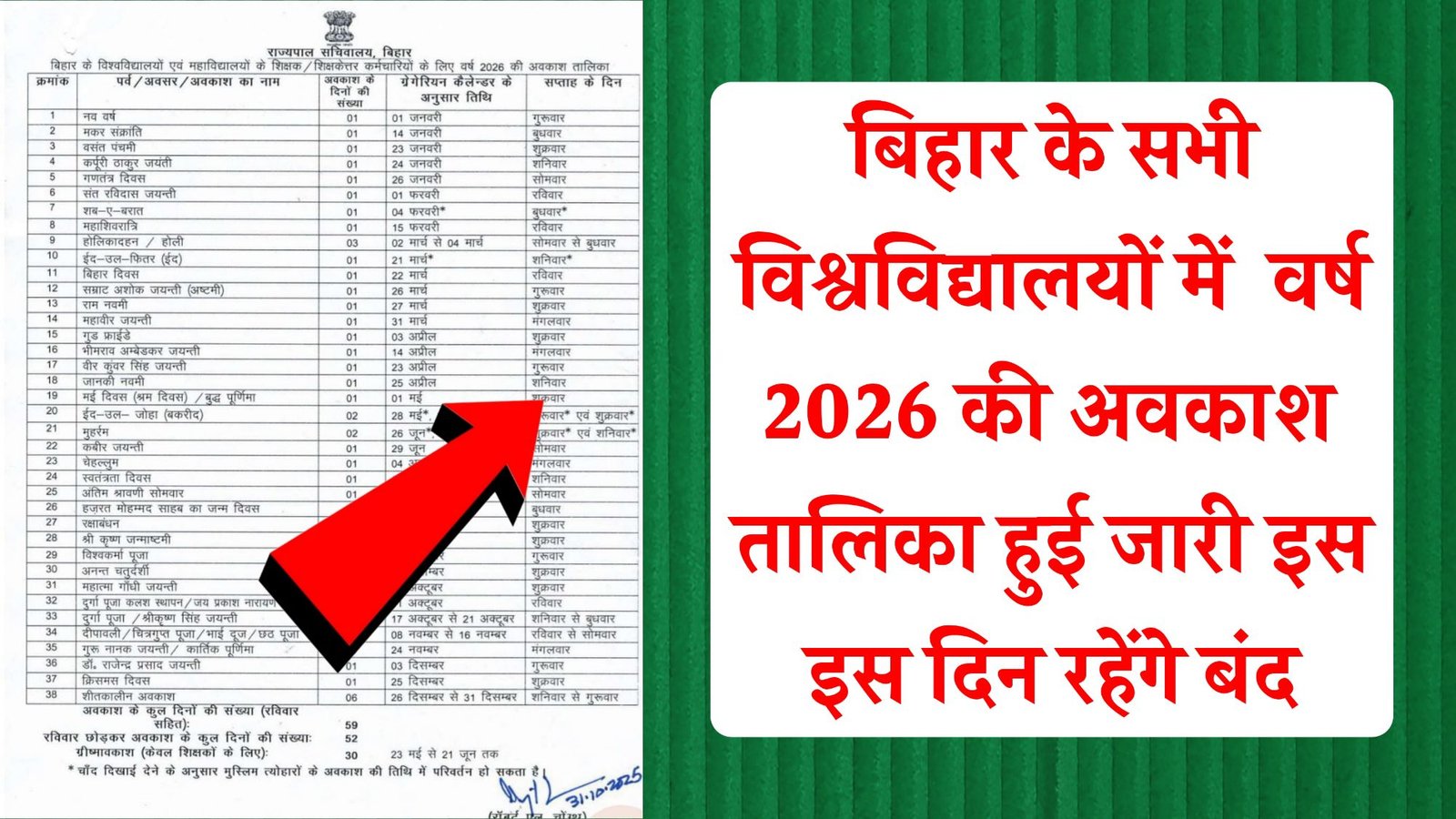 All Bihar Universities Holiday Schedule 2026