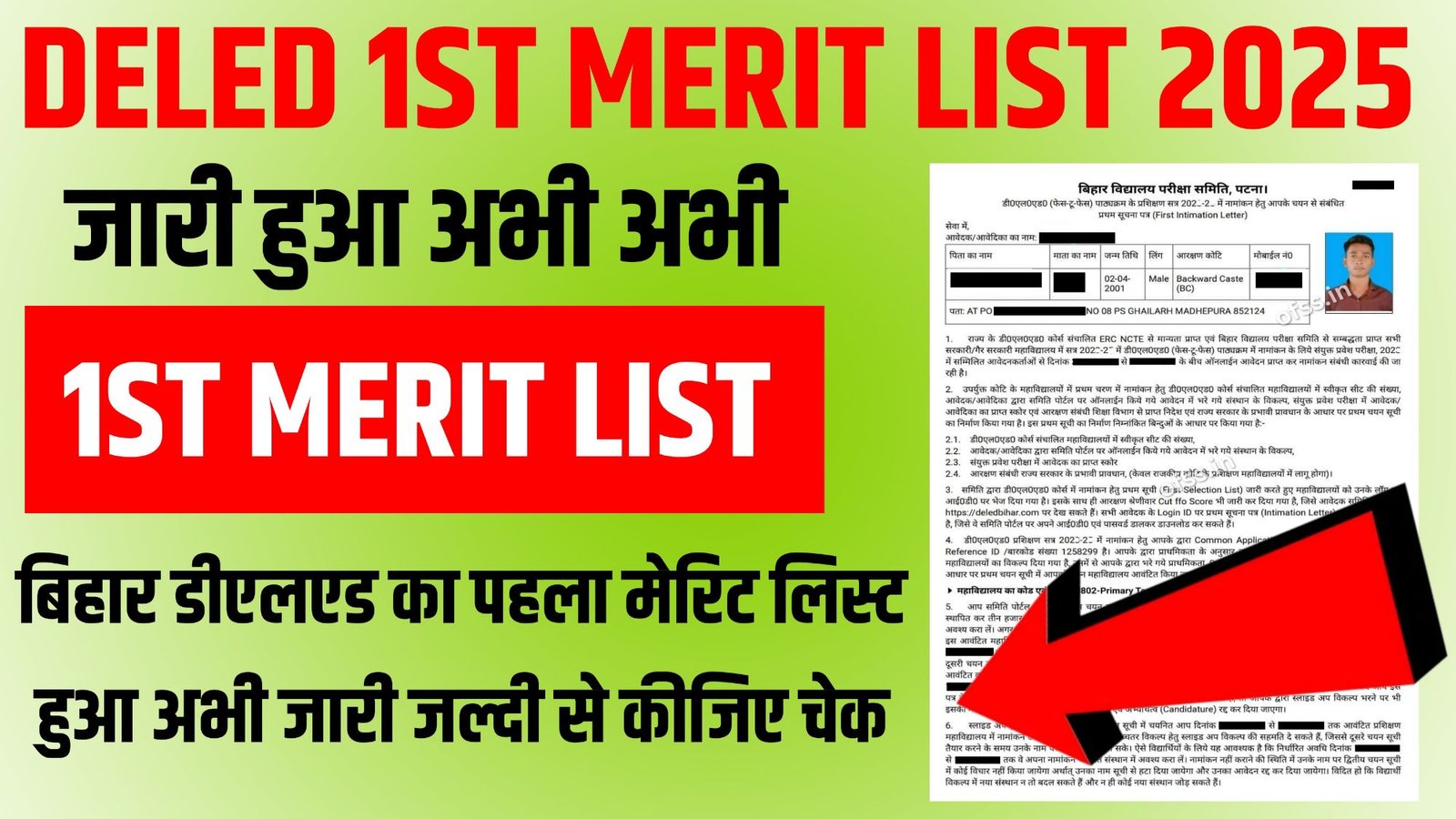 Bihar DELED 1st Merit List 2025