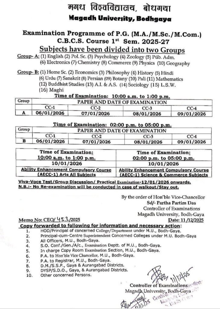 Magadh University PG 1st Semester Exam Programme 2025-27 - परीक्षा प्रोग्राम हुआ जारी