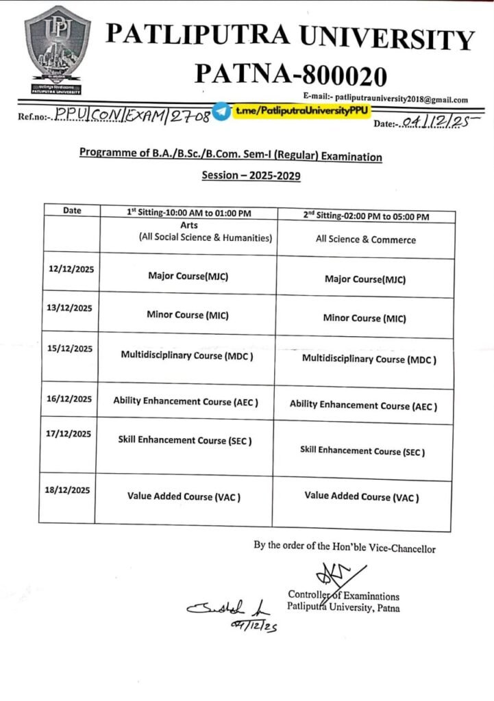 PPU UG 1st Semester Exam Date 2025-29 Official