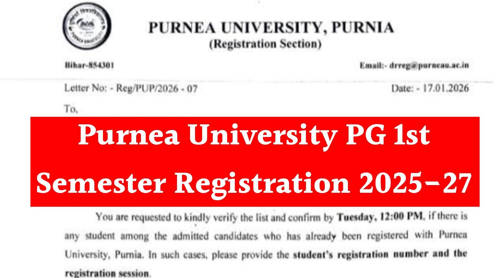 Purnea University PG 1st Semester Registration 2025-27