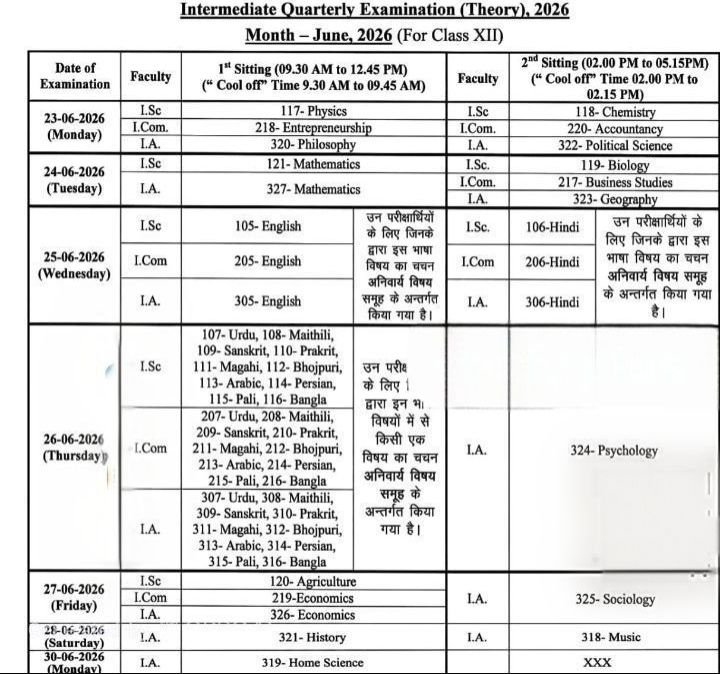 Bihar Board 12th Quarterly Exam Routine 2026