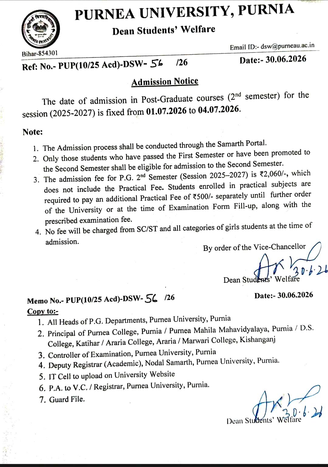 Purnea University PG 2nd Semester Admission Official Notice 2025-27
