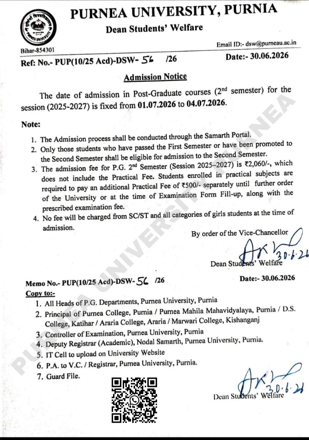 Purnea University PG 2nd Semester Admission Notice 2025-27