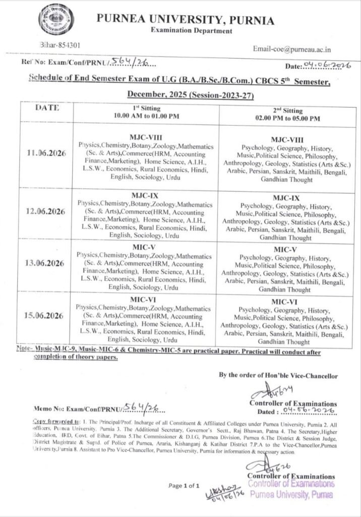 Purnea University UG 5th Semester Exam Programme 2026