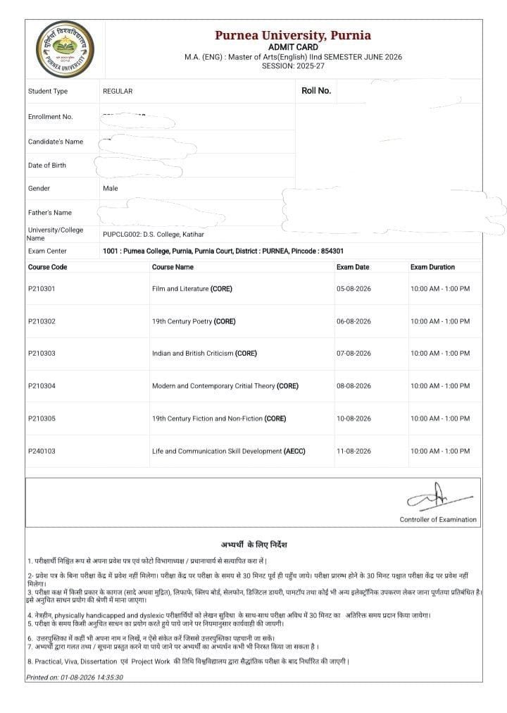 Purnea University PG 2nd Semester Admit Card 2026