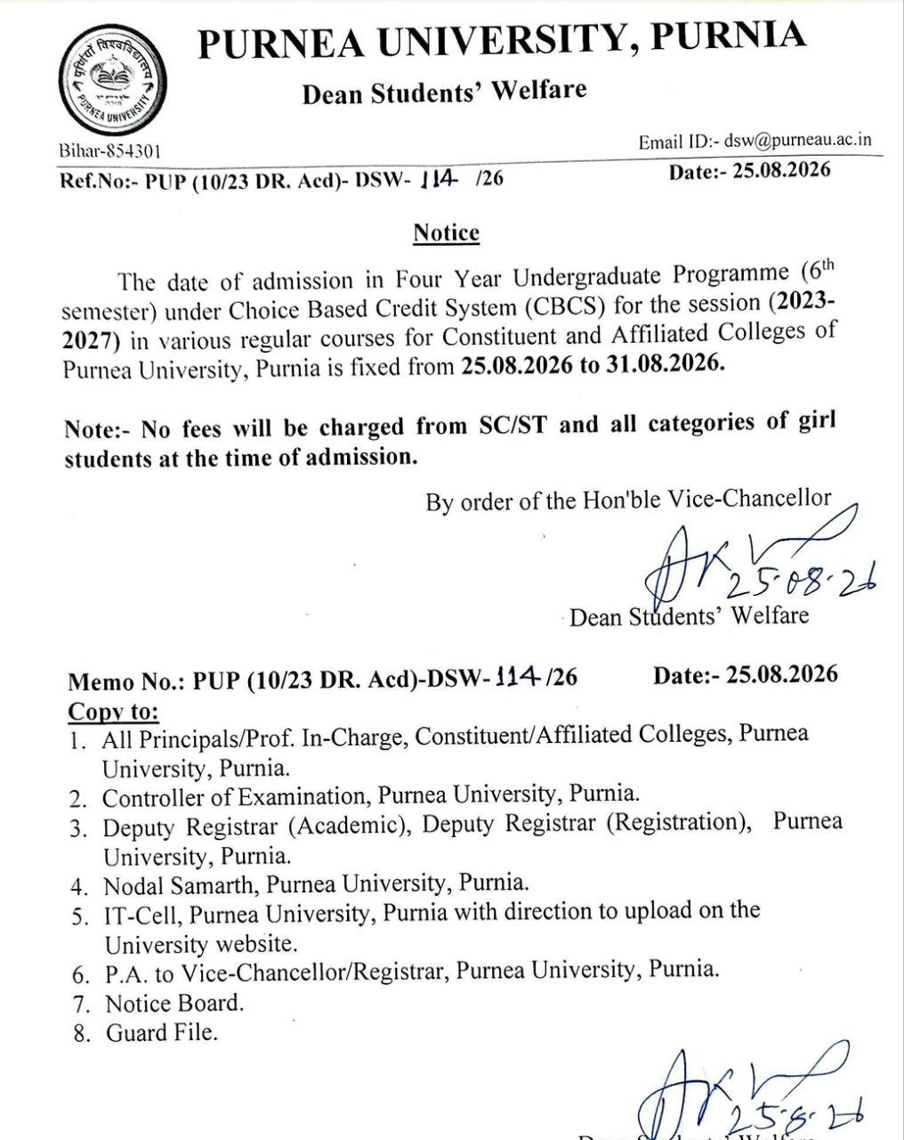Purnea University UG Semester 6 Admission Notice 2023-27