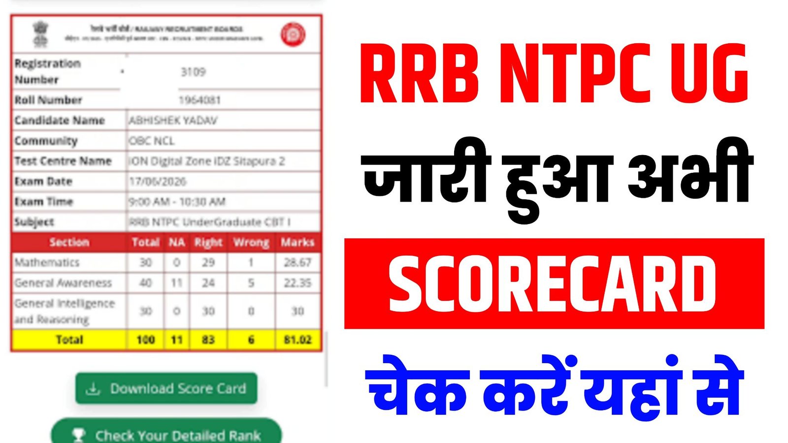 RRB NTPC UG Scorecard 2026