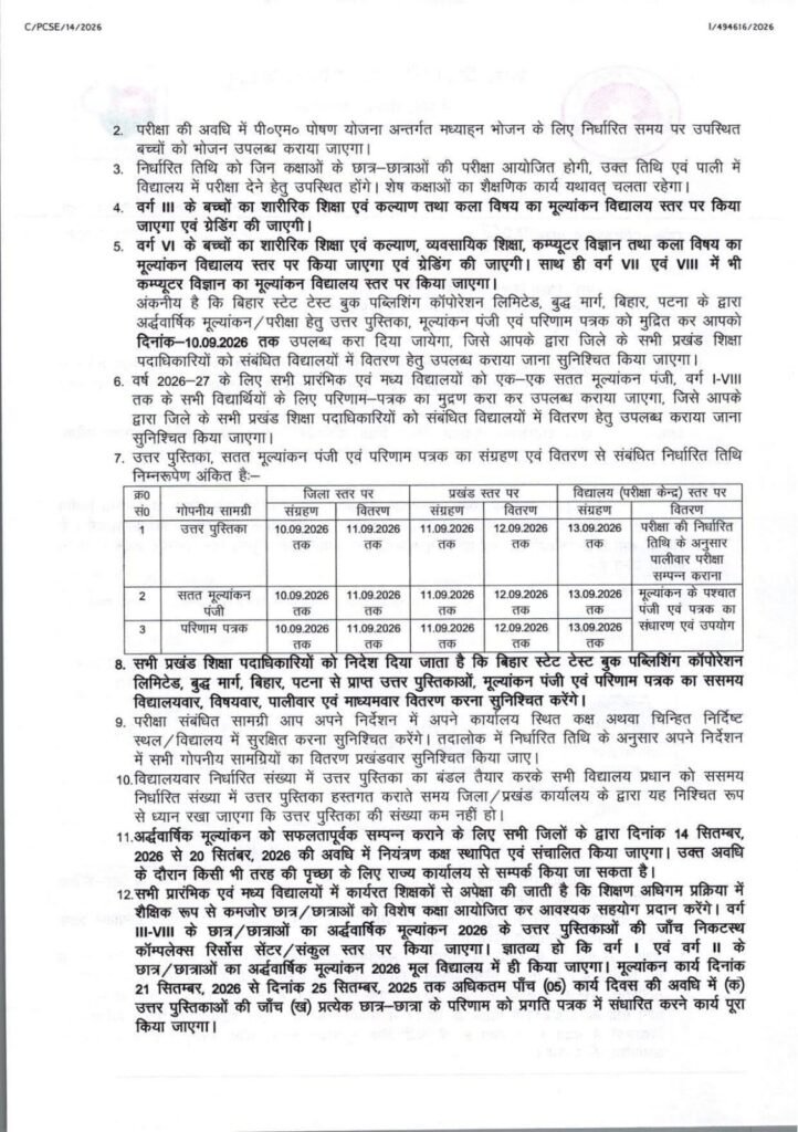 Bihar Half Yearly Evaluation Exam 2026 -Date OUT : कक्षा 1 से 8वीं तक की अर्द्धवार्षिक परीक्षा 15 सितंबर से