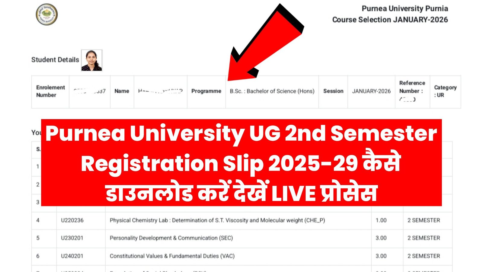 Purnea University UG 2nd Semester Registration Card 2026